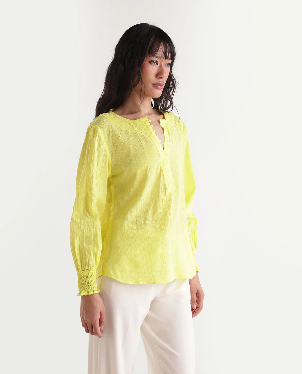 Rareism Women's Mante Yellow Cotton V-Neck Regular Plain Top