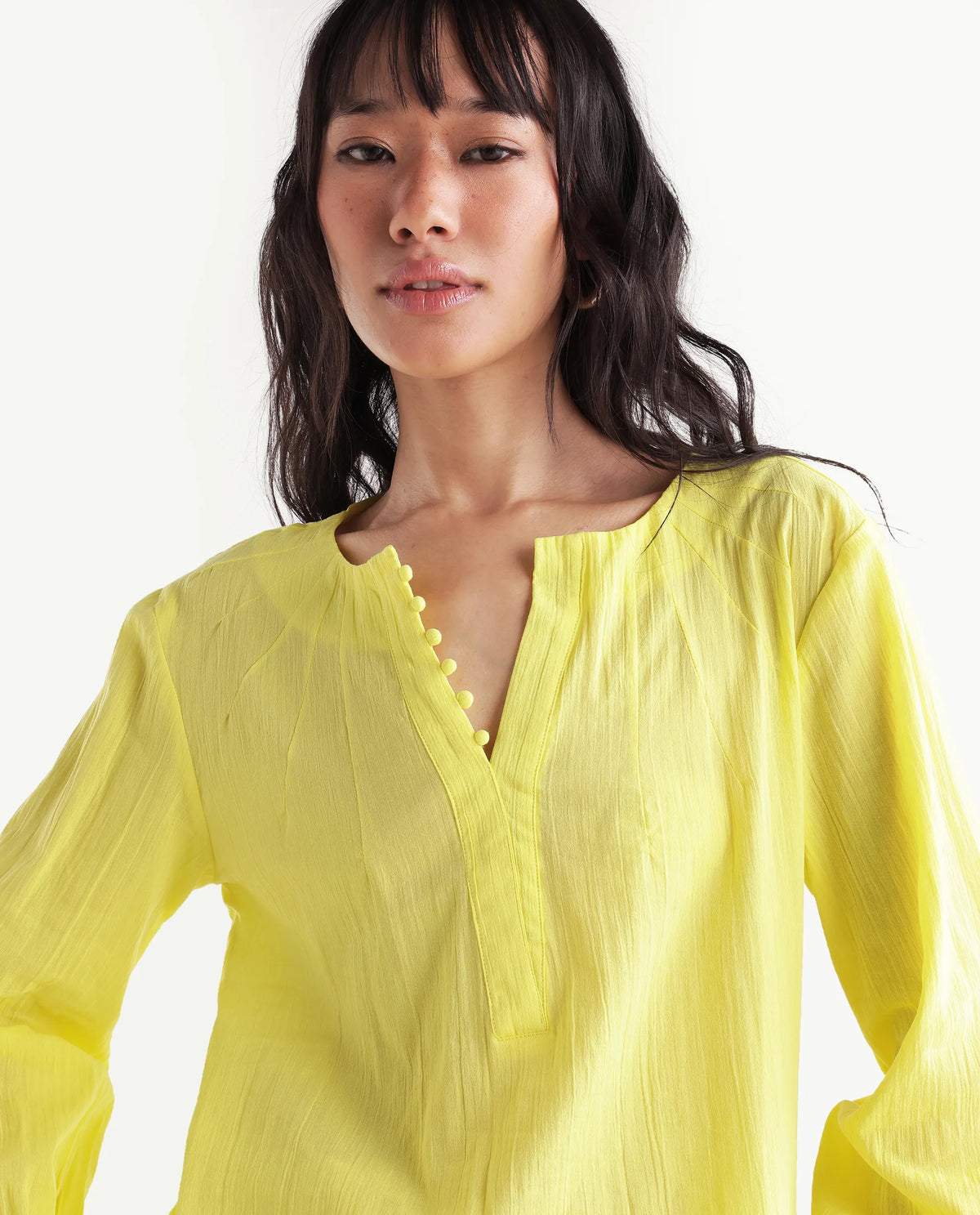 Rareism Women's Mante Yellow Cotton V-Neck Regular Plain Top