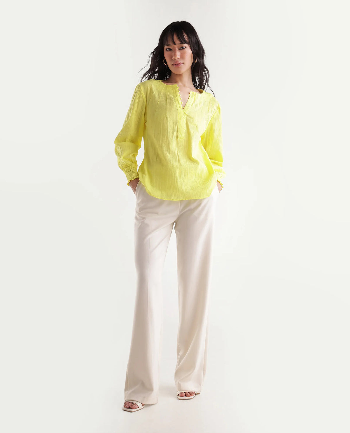 Rareism Women's Mante Yellow Cotton V-Neck Regular Plain Top