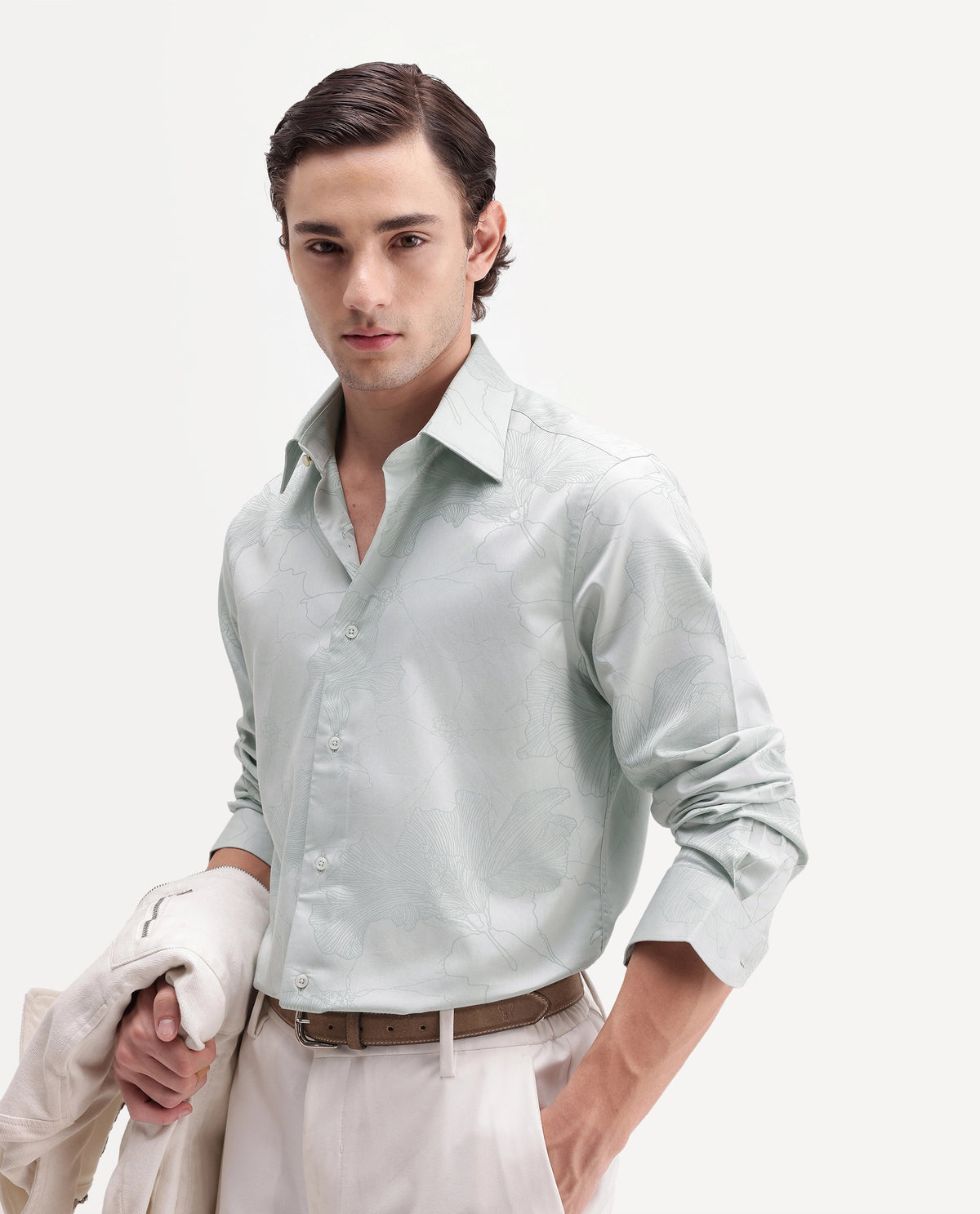 Rare Rabbit Men's Rott Light Green Cotton Spread Collar Regular Jacquard Shirt