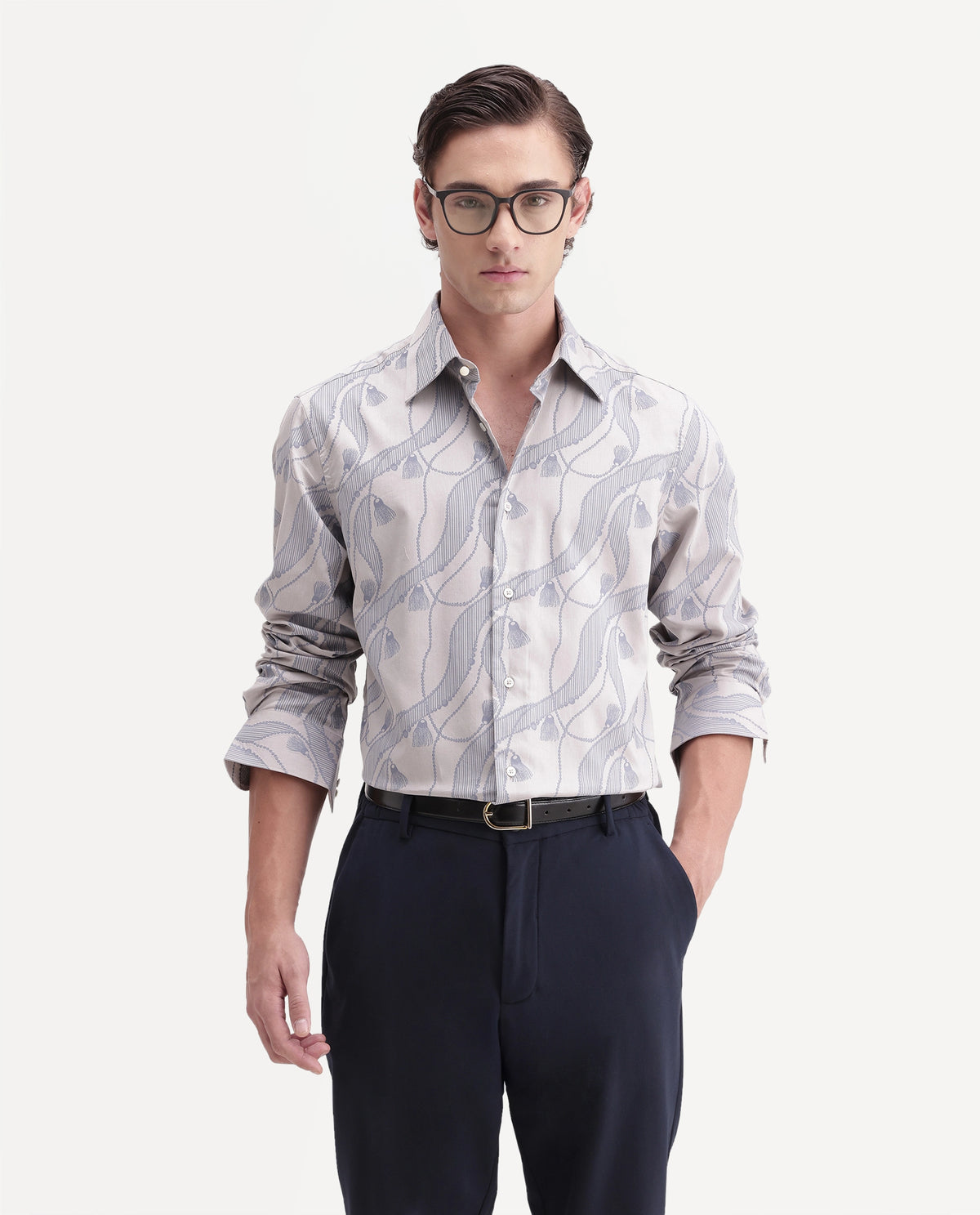Rare Rabbit Men's Zeal Light Grey Cotton Spread Collar Regular Jacquard Shirt