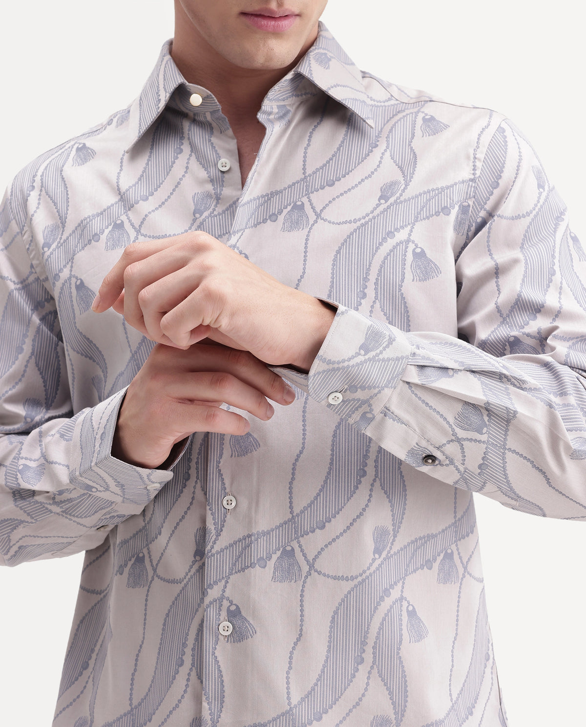 Rare Rabbit Men's Zeal Light Grey Cotton Spread Collar Regular Jacquard Shirt