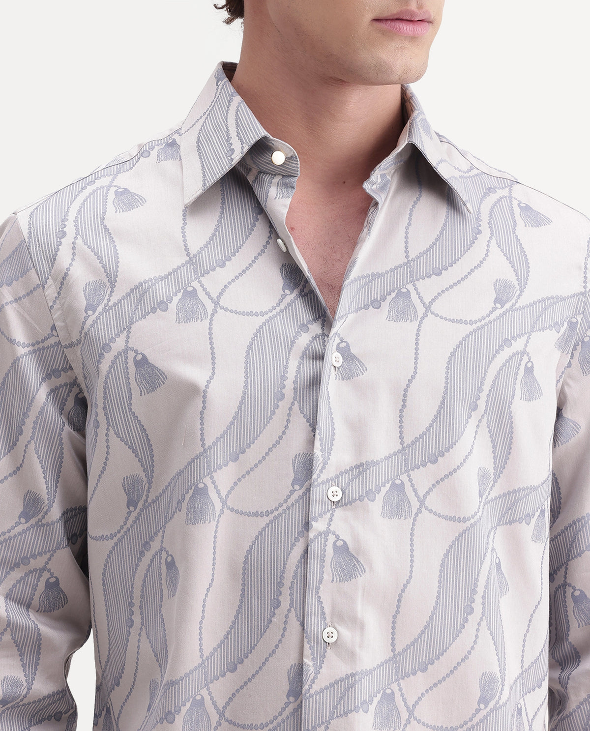 Rare Rabbit Men's Zeal Light Grey Cotton Spread Collar Regular Jacquard Shirt