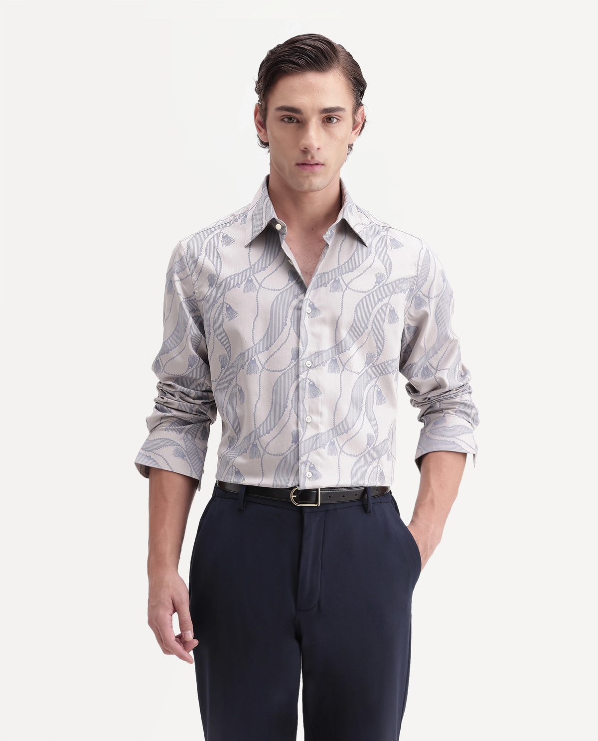Rare Rabbit Men's Zeal Light Grey Cotton Spread Collar Regular Jacquard Shirt