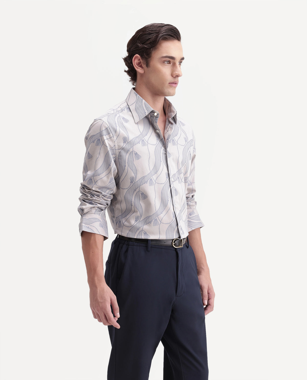 Rare Rabbit Men's Zeal Light Grey Cotton Spread Collar Regular Jacquard Shirt