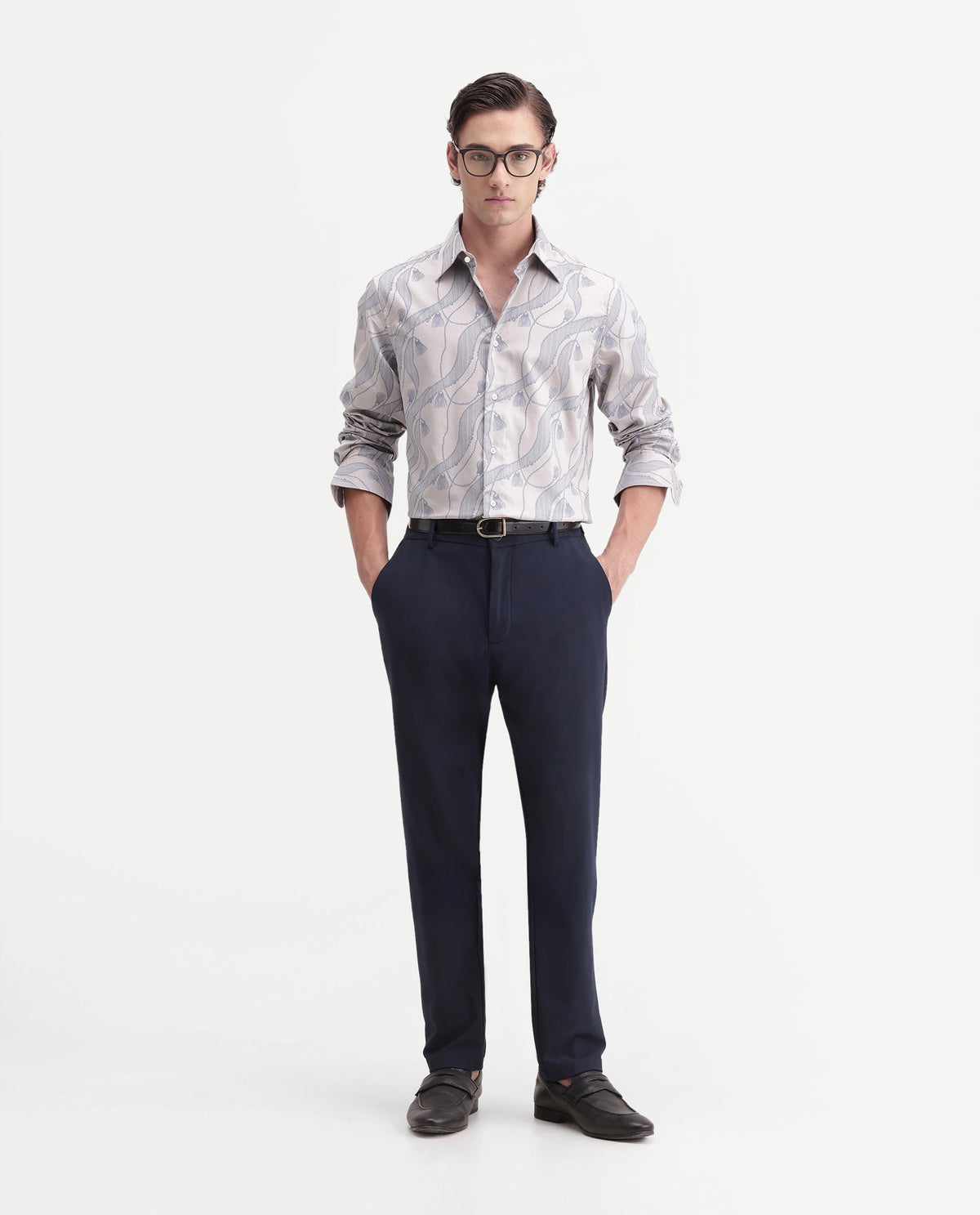 Rare Rabbit Men's Zeal Light Grey Cotton Spread Collar Regular Jacquard Shirt