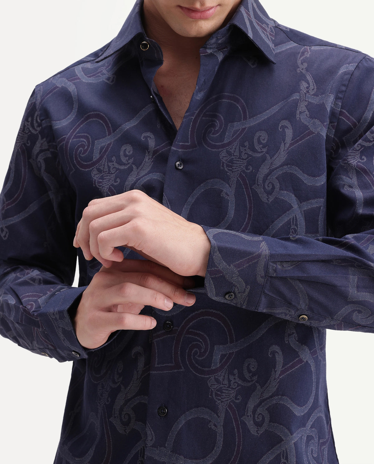Rare Rabbit Men's Eddy Dark Blue Cotton Spread Collar Regular Jacquard Shirt