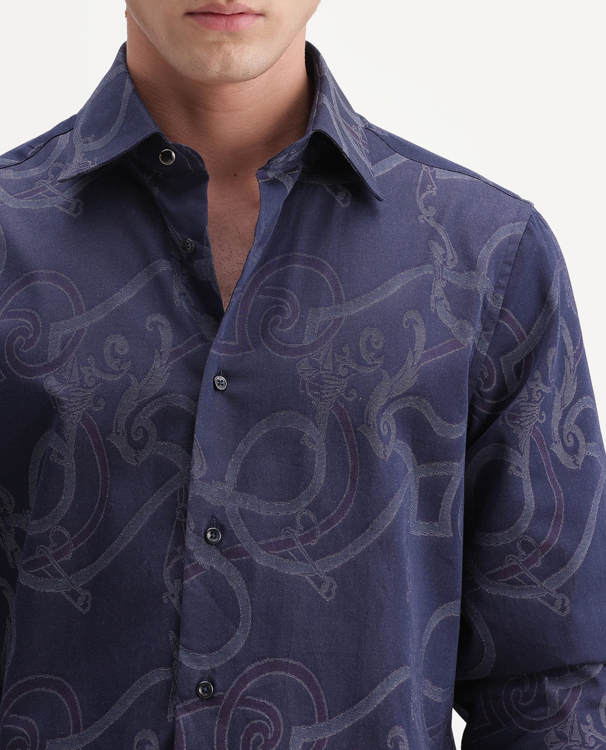 Rare Rabbit Men's Eddy Dark Blue Cotton Spread Collar Regular Jacquard Shirt