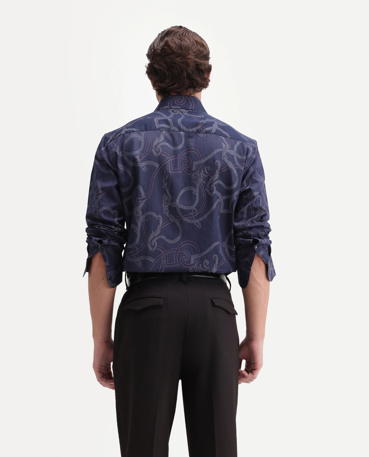 Rare Rabbit Men's Eddy Dark Blue Cotton Spread Collar Regular Jacquard Shirt