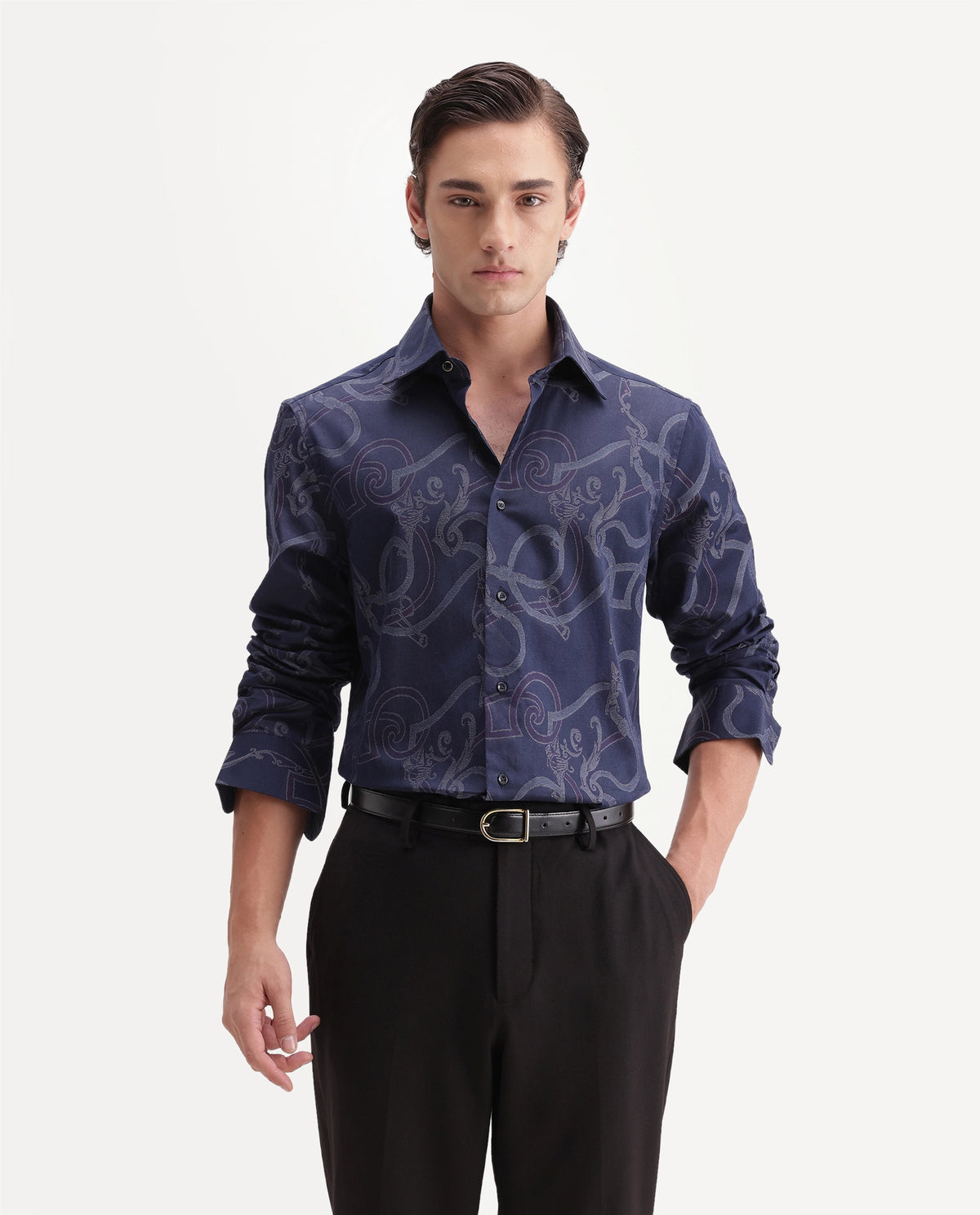 Rare Rabbit Men's Eddy Dark Blue Cotton Spread Collar Regular Jacquard Shirt
