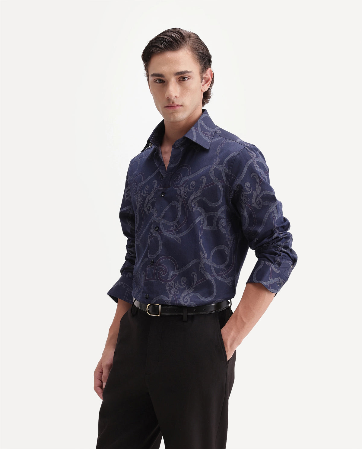 Rare Rabbit Men's Eddy Dark Blue Cotton Spread Collar Regular Jacquard Shirt