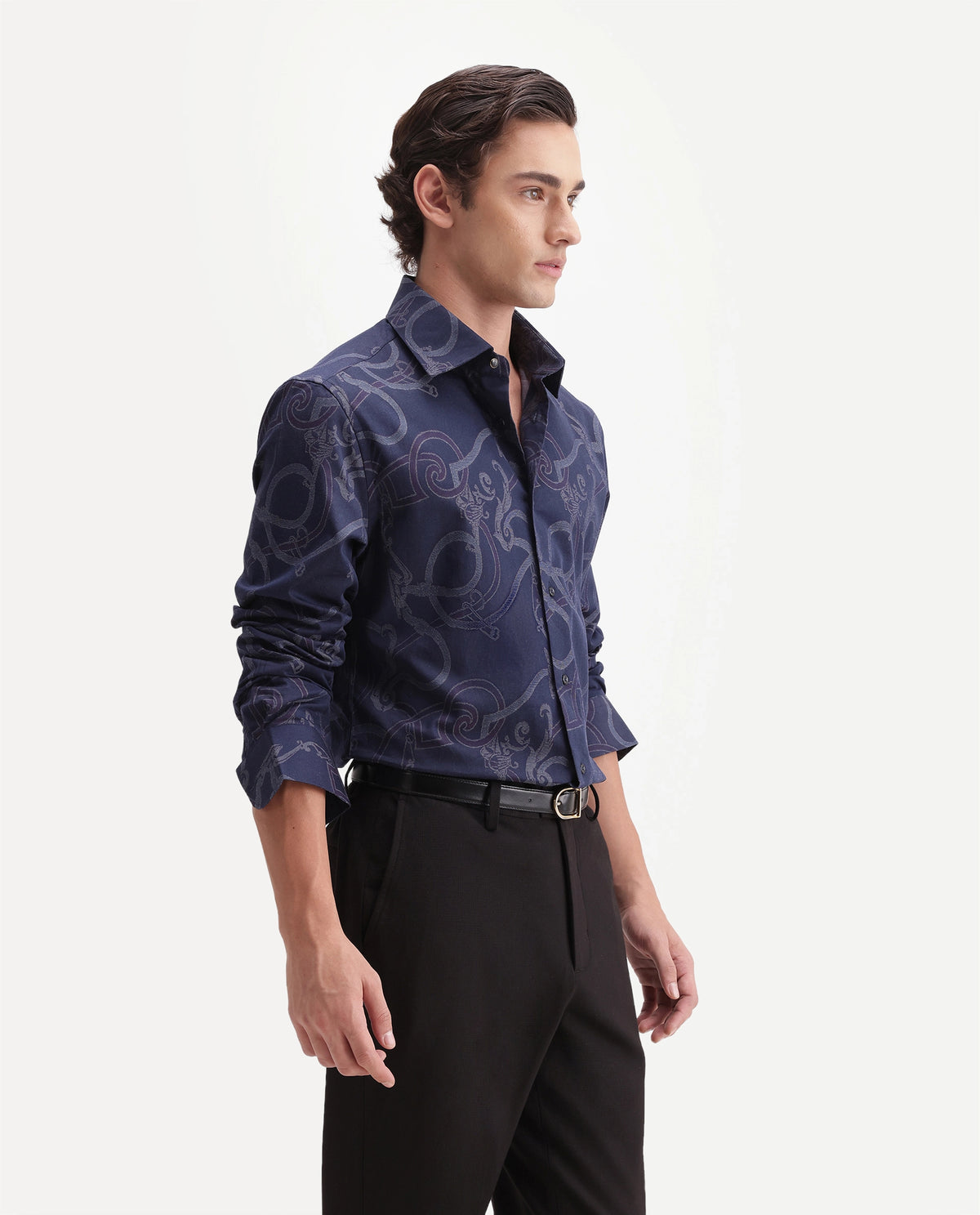 Rare Rabbit Men's Eddy Dark Blue Cotton Spread Collar Regular Jacquard Shirt