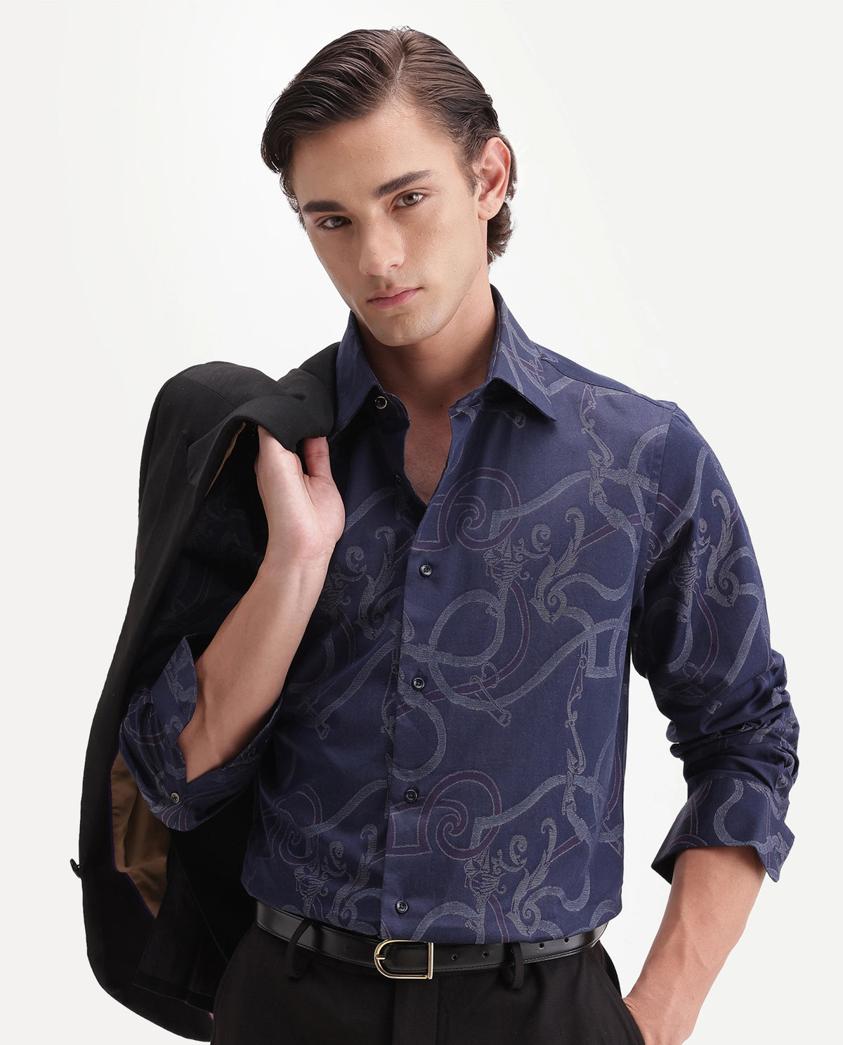 Rare Rabbit Men's Eddy Dark Blue Cotton Spread Collar Regular Jacquard Shirt