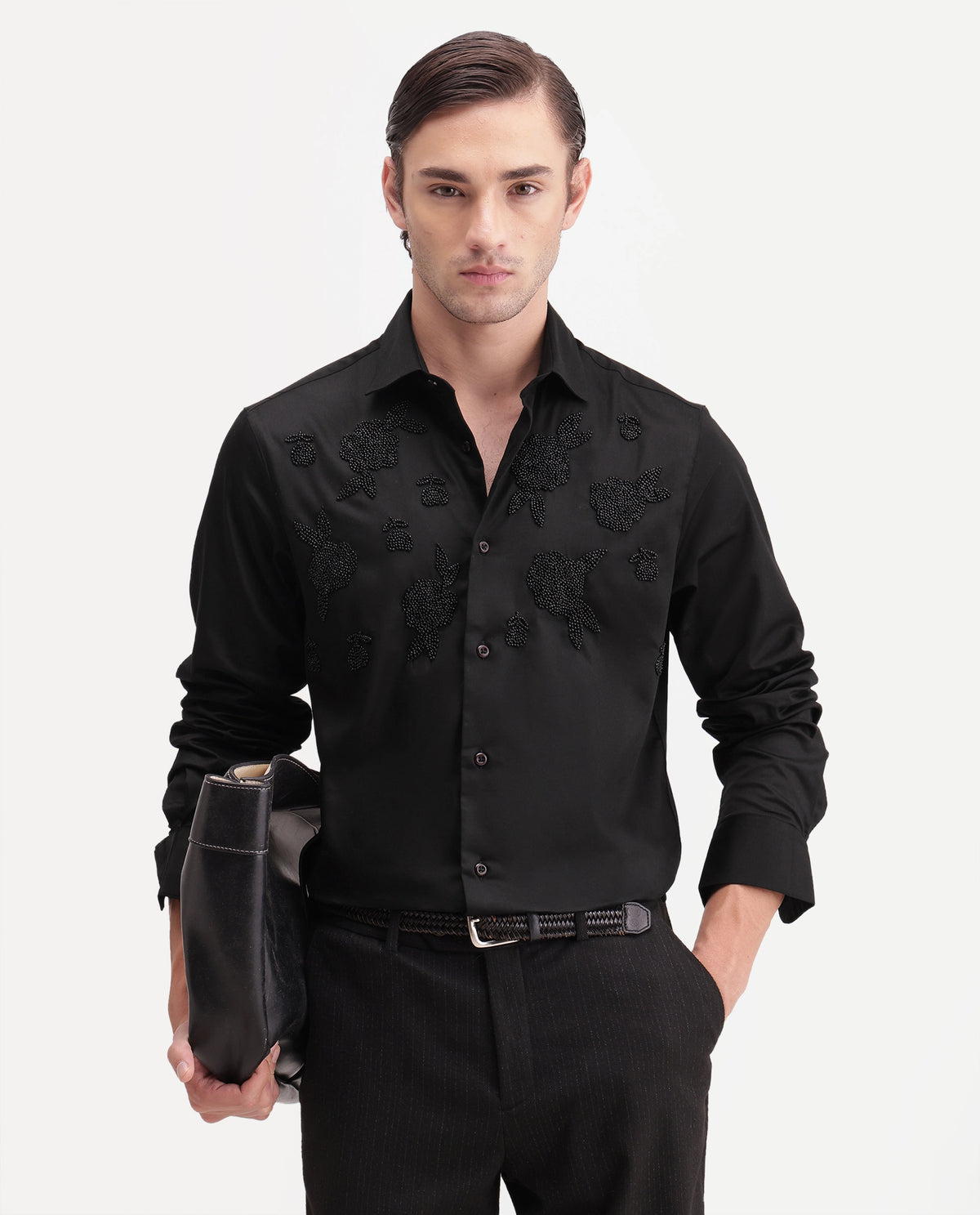 Rare Rabbit Men's Radi Black Cotton Blend Spread Collar Regular Embroidered Shirt