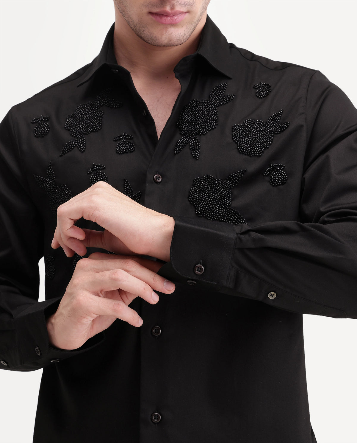 Rare Rabbit Men's Radi Black Cotton Blend Spread Collar Regular Embroidered Shirt
