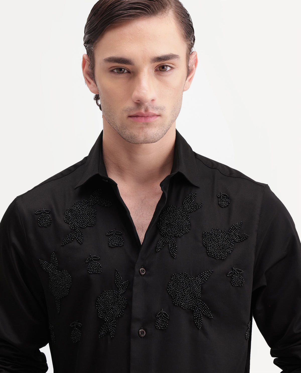 Rare Rabbit Men's Radi Black Cotton Blend Spread Collar Regular Embroidered Shirt