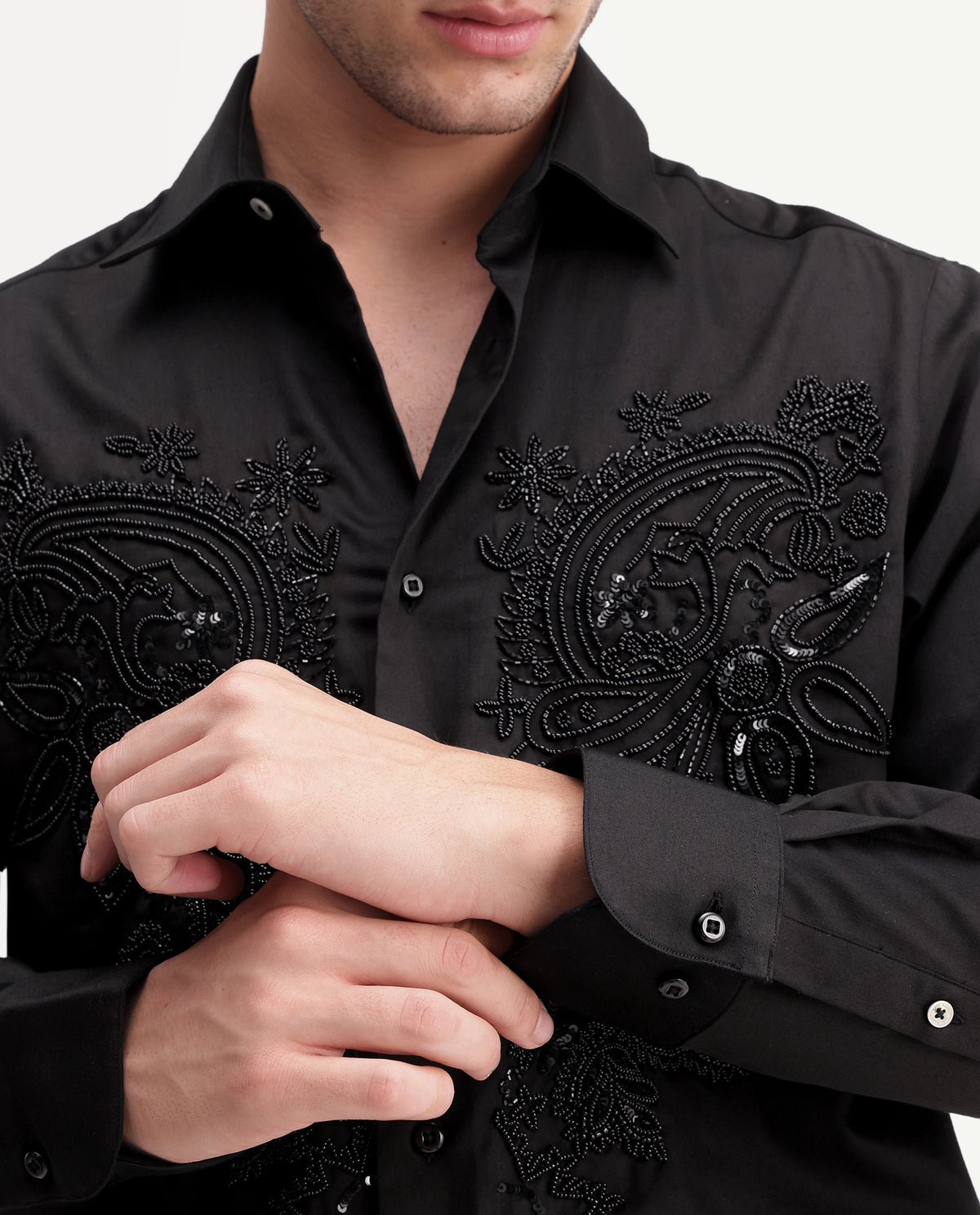 Rare Rabbit Men's Blit Black Cotton Blend Spread Collar Regular Embroidered Shirt