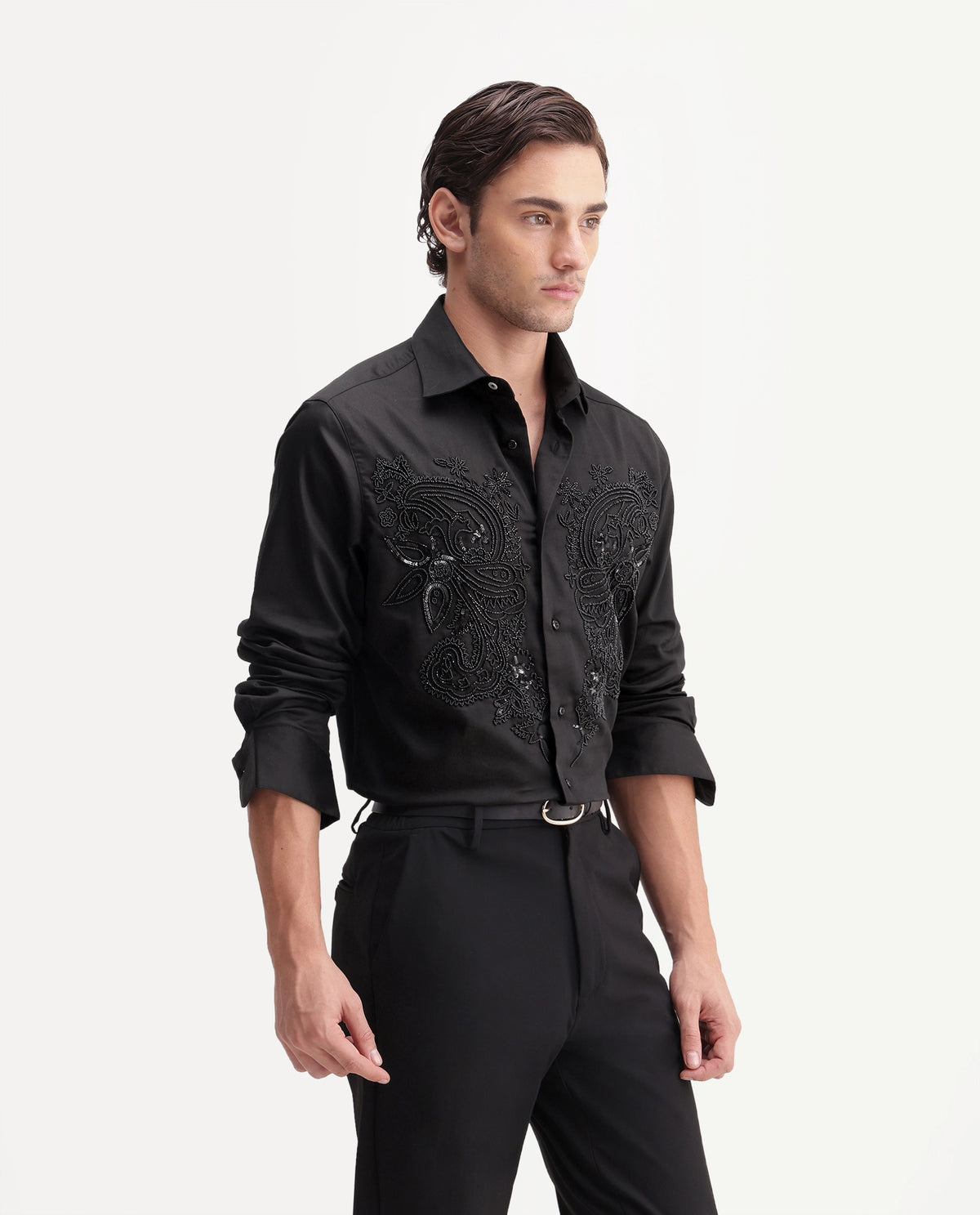 Rare Rabbit Men's Blit Black Cotton Blend Spread Collar Regular Embroidered Shirt