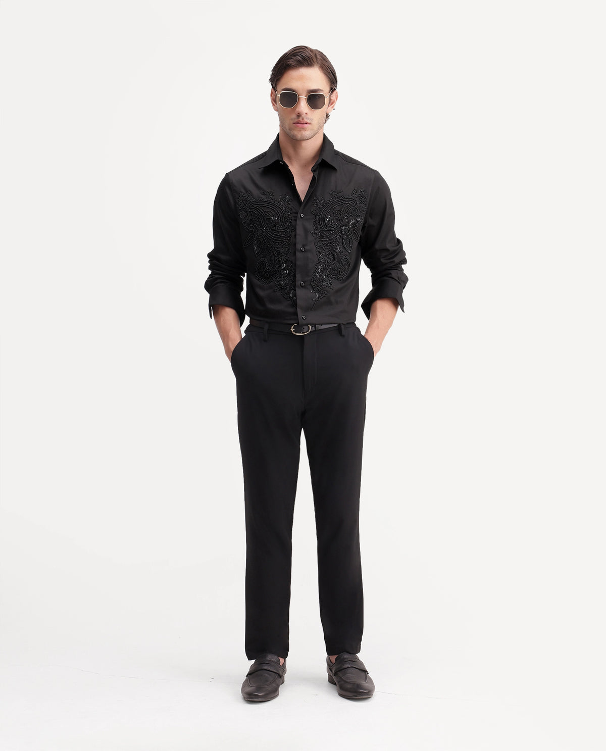 Rare Rabbit Men's Blit Black Cotton Blend Spread Collar Regular Embroidered Shirt