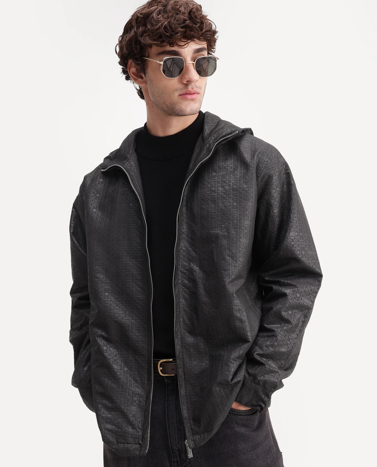 Rare Rabbit Men's Watson Black Polyester Hooded Regular Textured Jacket