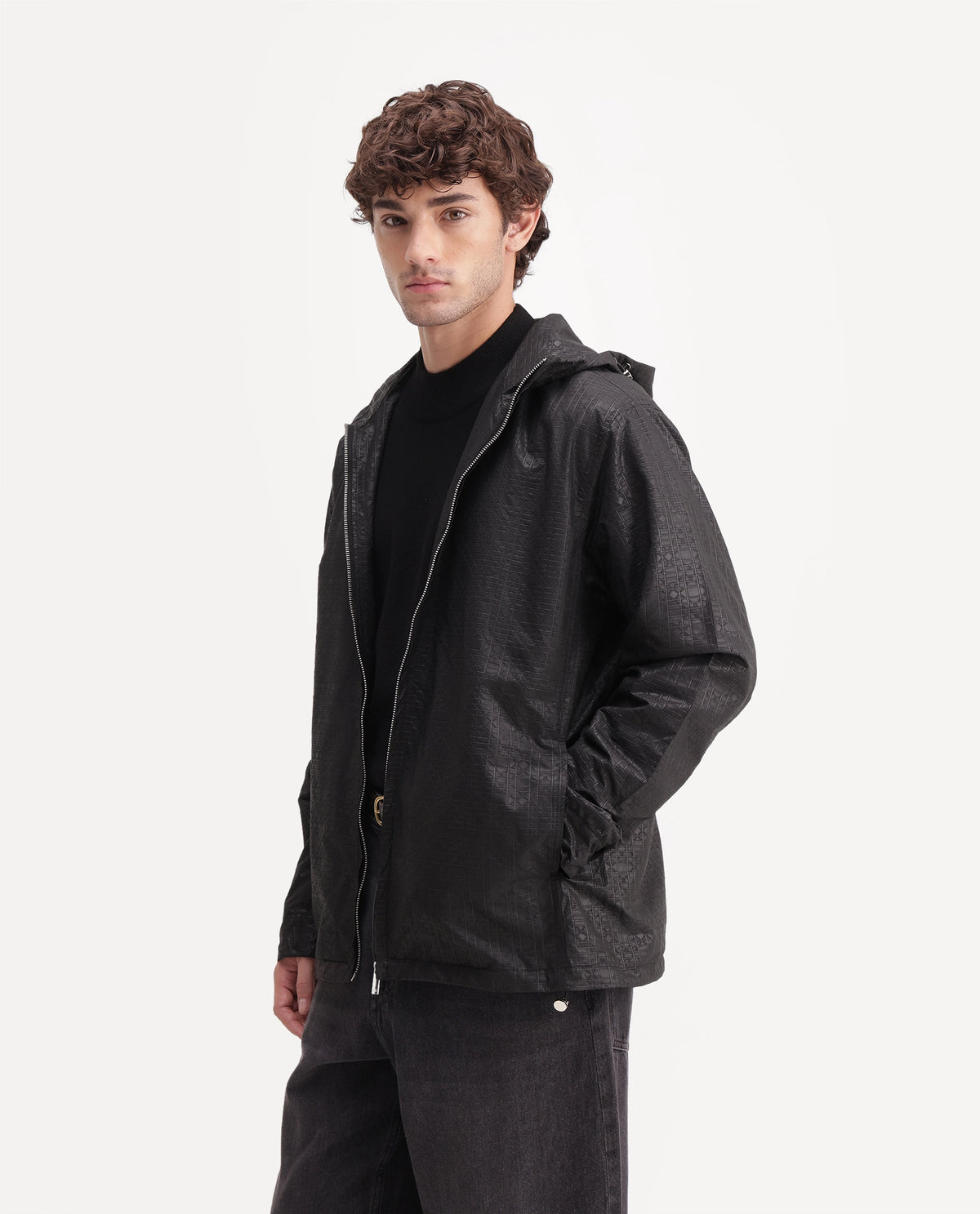 Rare Rabbit Men's Watson Black Polyester Hooded Regular Textured Jacket