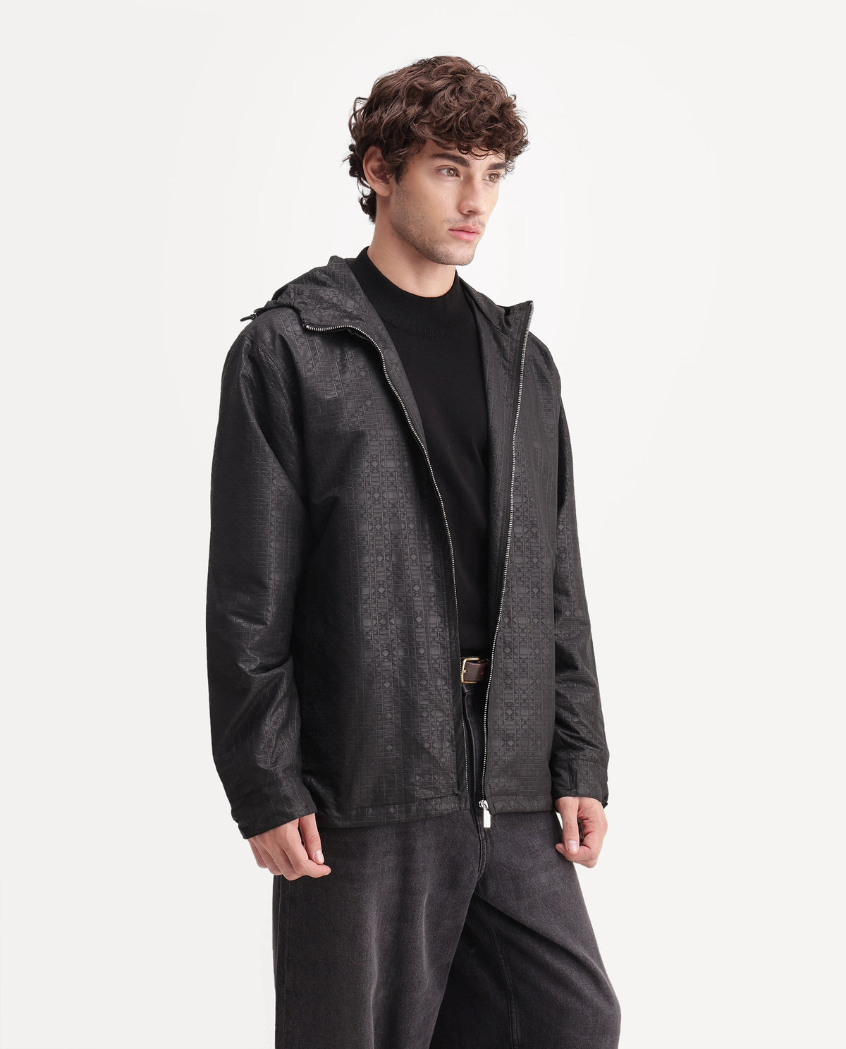 Rare Rabbit Men's Watson Black Polyester Hooded Regular Textured Jacket