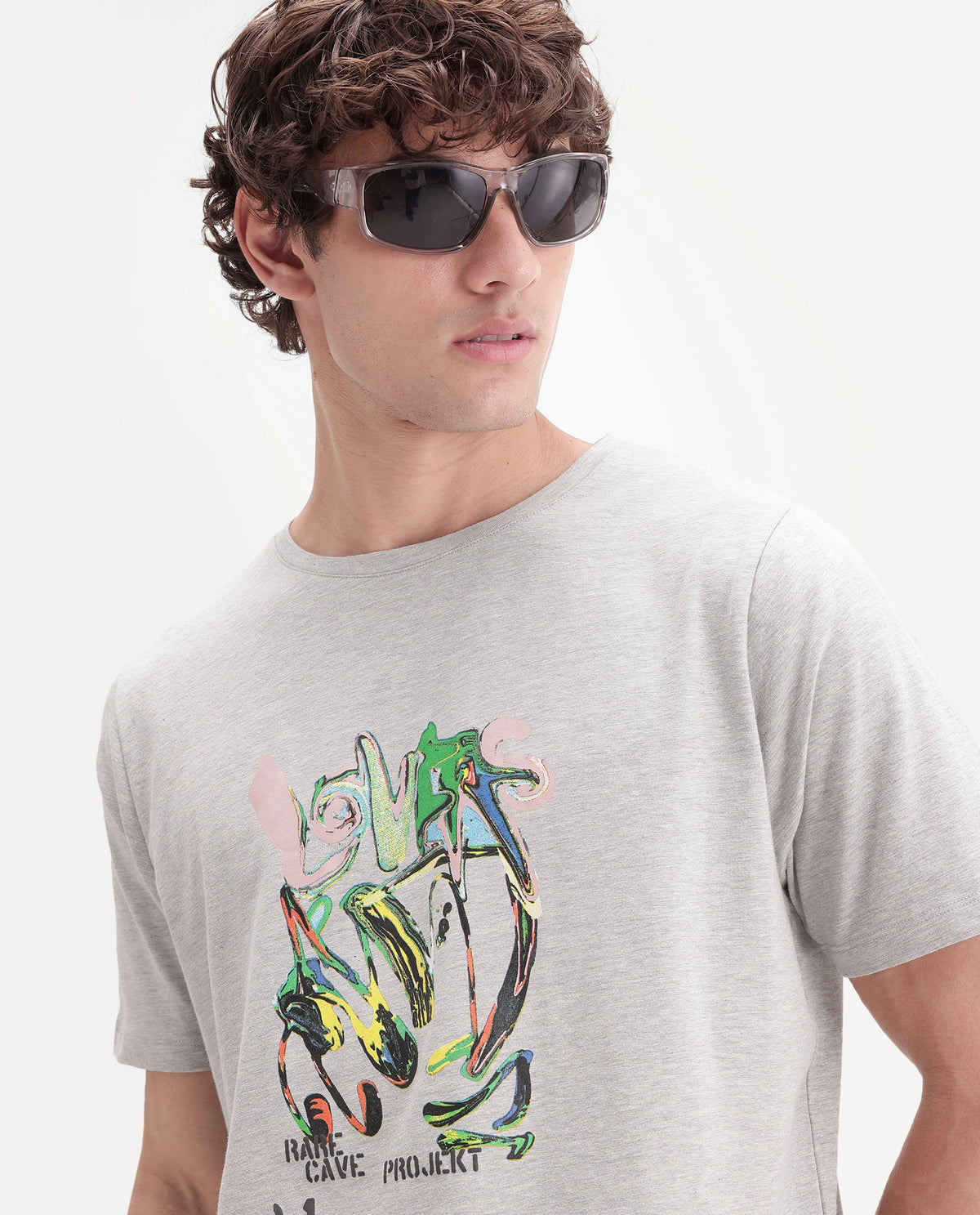 Rare Rabbit Men's Eos Light Grey Cotton Blend Crew Neck Regular Graphic Print T-Shirt