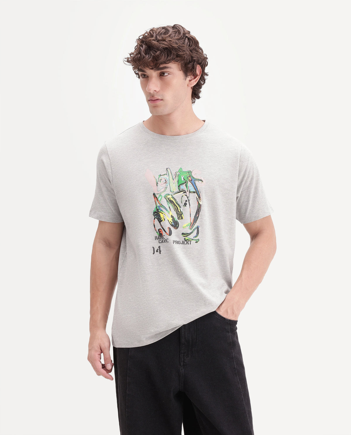Rare Rabbit Men's Eos Light Grey Cotton Blend Crew Neck Regular Graphic Print T-Shirt