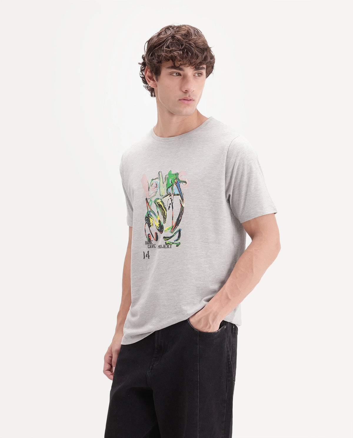 Rare Rabbit Men's Eos Light Grey Cotton Blend Crew Neck Regular Graphic Print T-Shirt