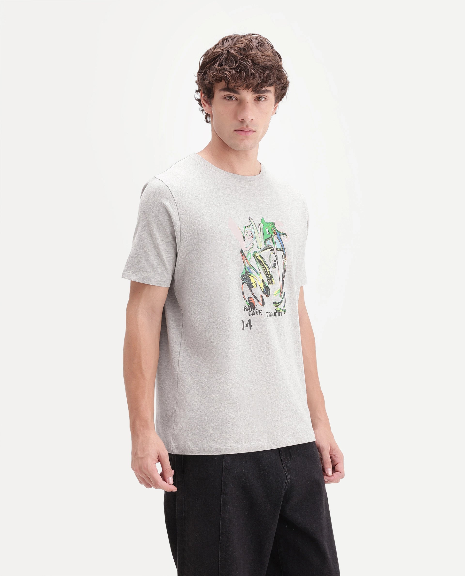Rare Rabbit Men's Eos Light Grey Cotton Blend Crew Neck Regular Graphic Print T-Shirt