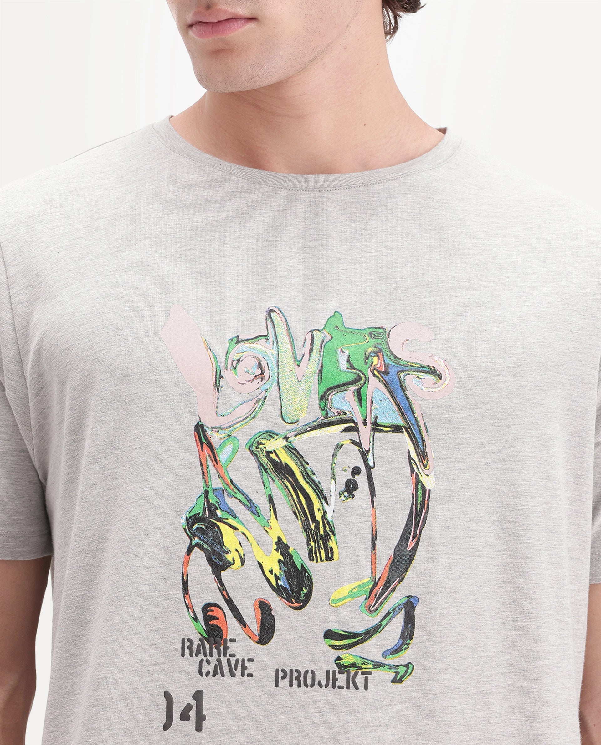 Rare Rabbit Men's Eos Light Grey Cotton Blend Crew Neck Regular Graphic Print T-Shirt