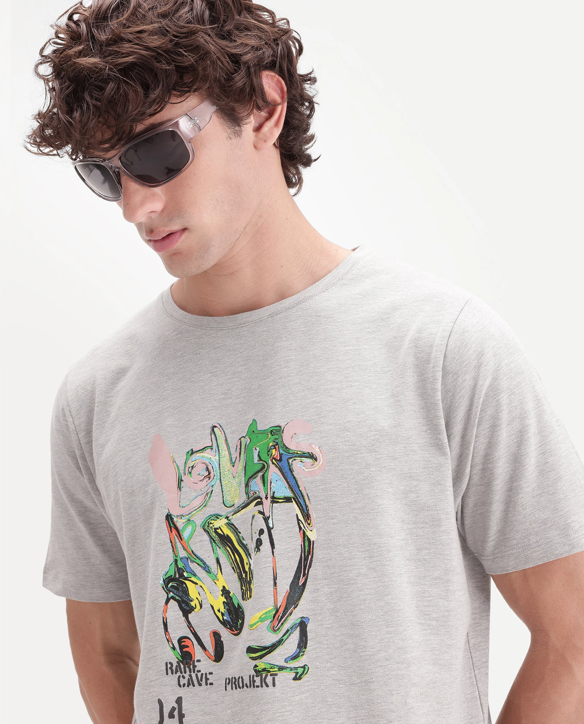 Rare Rabbit Men's Eos Light Grey Cotton Blend Crew Neck Regular Graphic Print T-Shirt