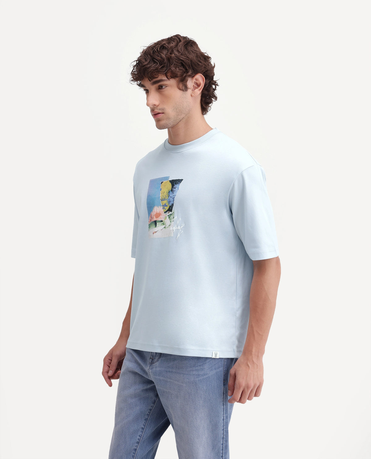Rare Rabbit Men's Aeno Light Blue Cotton Crew Neck Regular Graphic Print T-Shirt