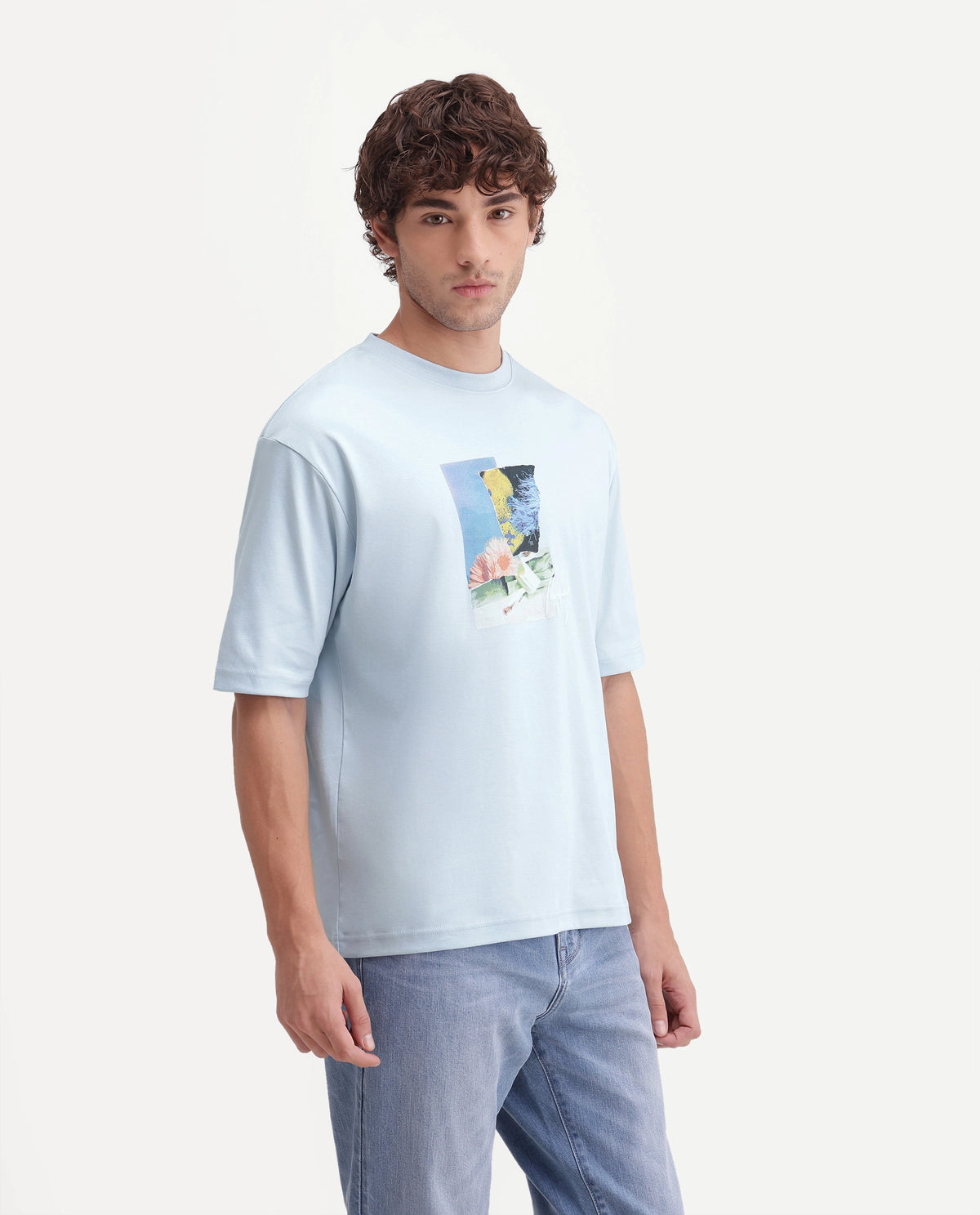 Rare Rabbit Men's Aeno Light Blue Cotton Crew Neck Regular Graphic Print T-Shirt