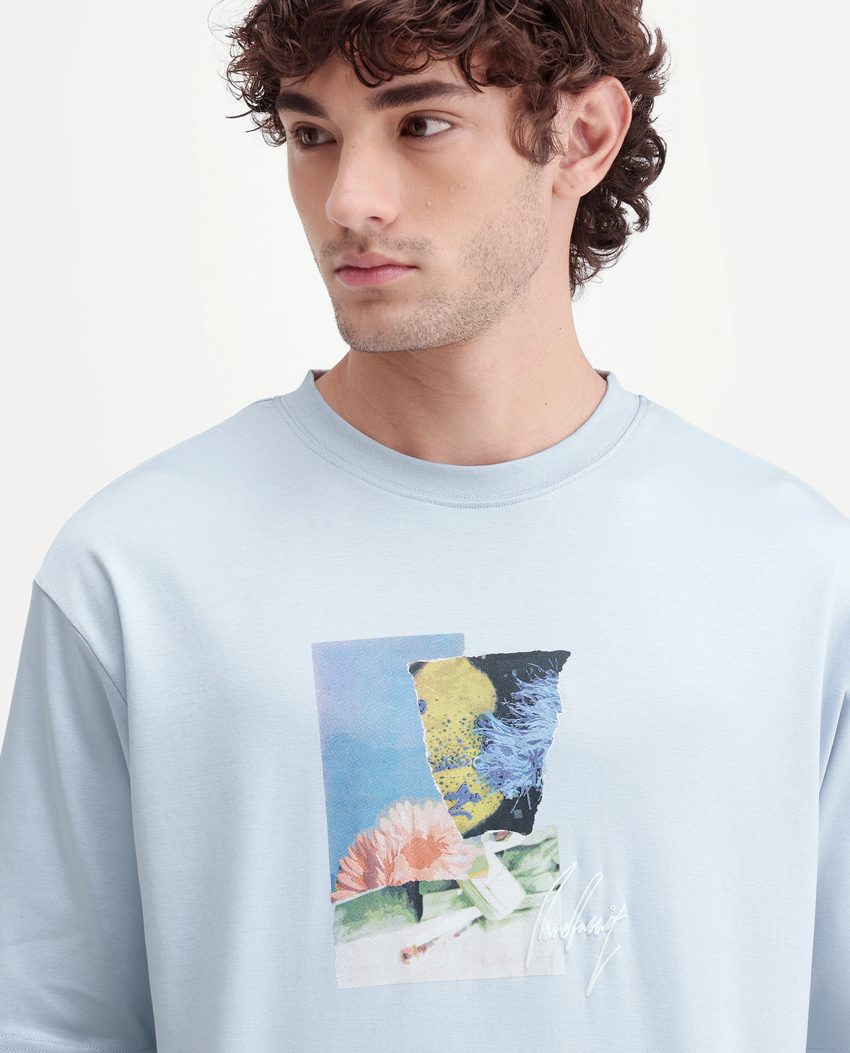 Rare Rabbit Men's Aeno Light Blue Cotton Crew Neck Regular Graphic Print T-Shirt
