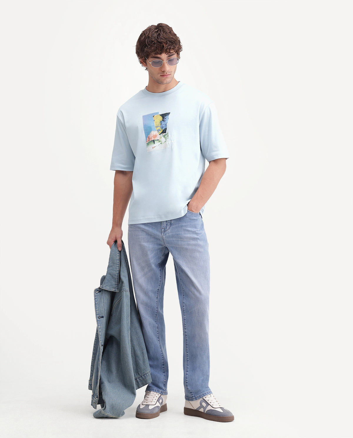 Rare Rabbit Men's Aeno Light Blue Cotton Crew Neck Regular Graphic Print T-Shirt