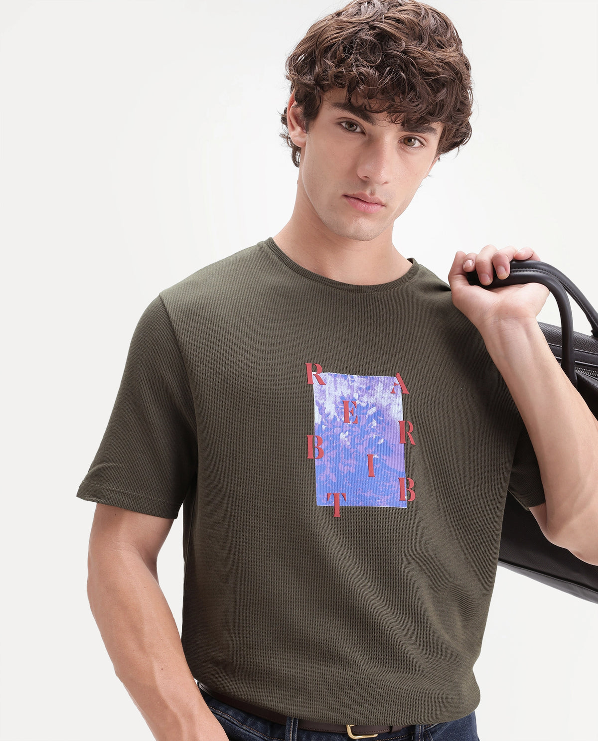 Rare Rabbit Men's Azuro Dusky Olive Cotton Crew Neck Regular Graphic Print T-Shirt