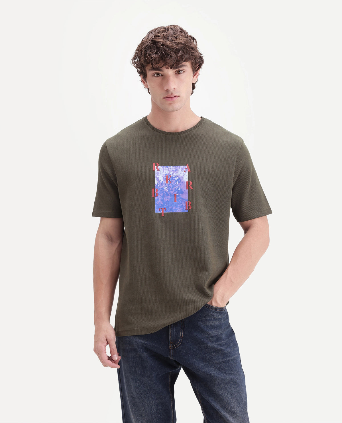 Rare Rabbit Men's Azuro Dusky Olive Cotton Crew Neck Regular Graphic Print T-Shirt