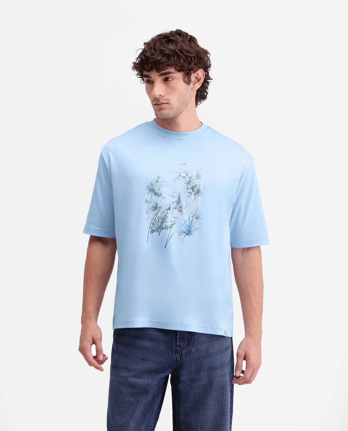 Rare Rabbit Men's Oren Light Blue Cotton Crew Neck Relaxed Graphic Print T-Shirt