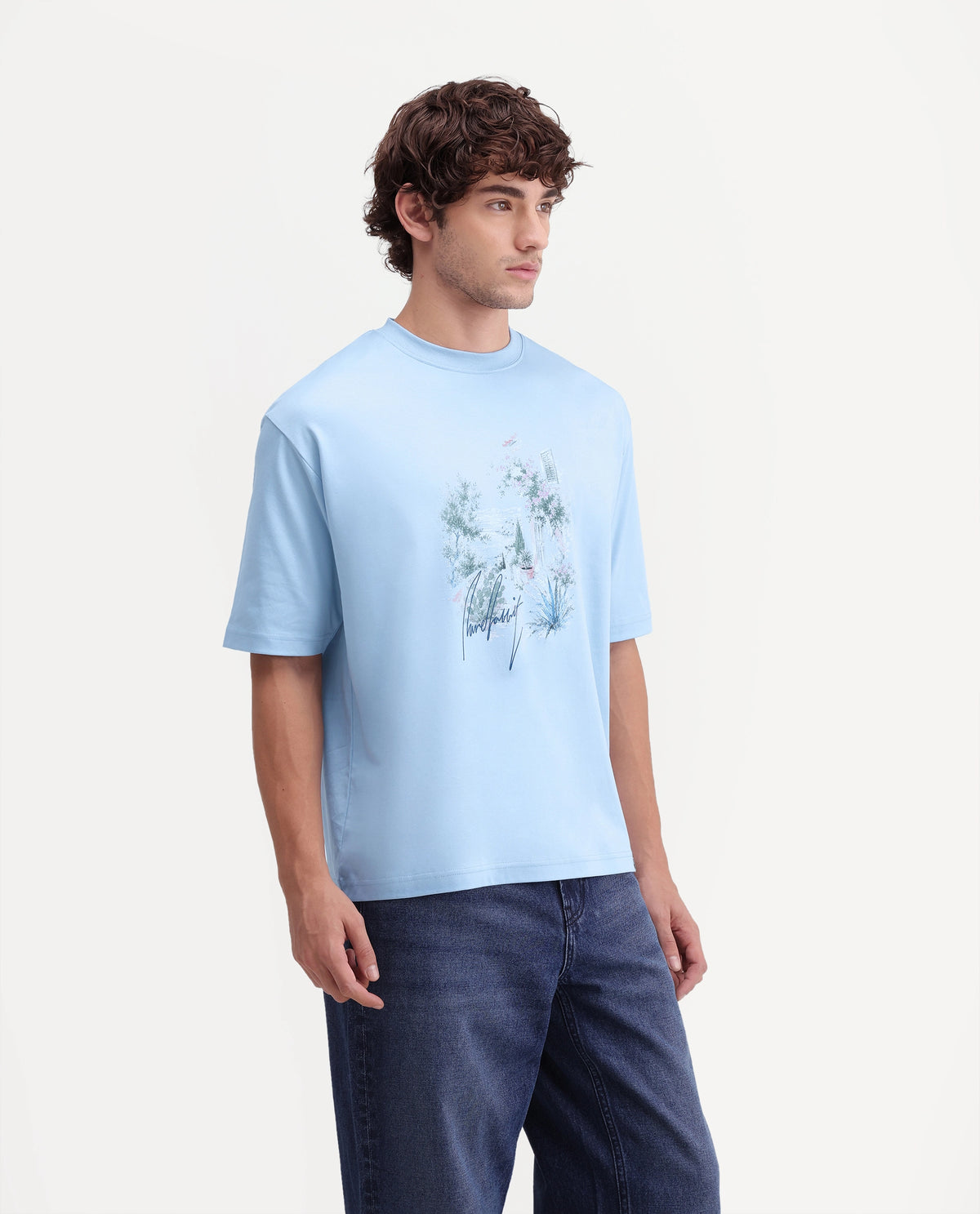 Rare Rabbit Men's Oren Light Blue Cotton Crew Neck Relaxed Graphic Print T-Shirt