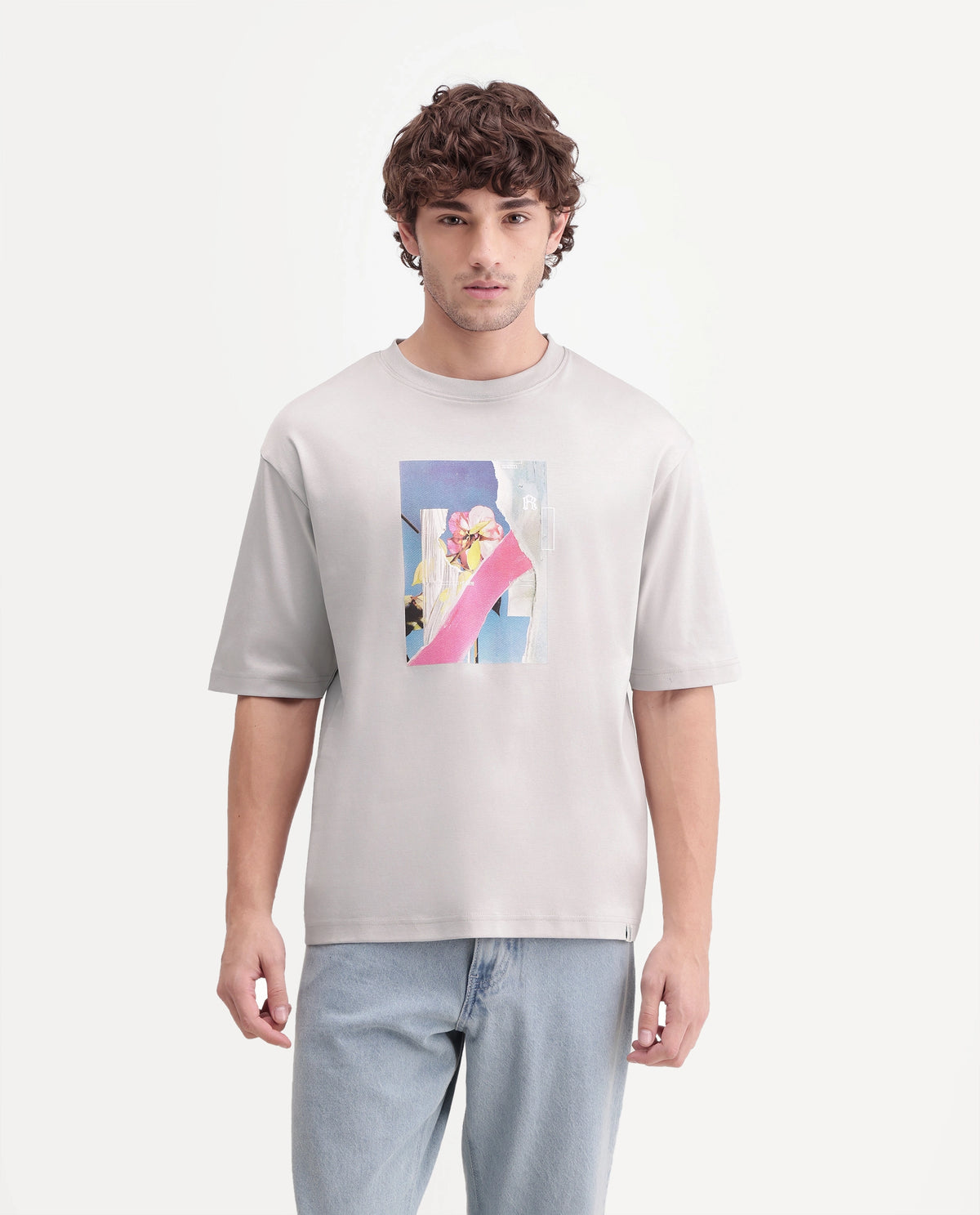 Rare Rabbit Men's Zae Light Grey Cotton Crew Neck Relaxed Graphic Print T-Shirt