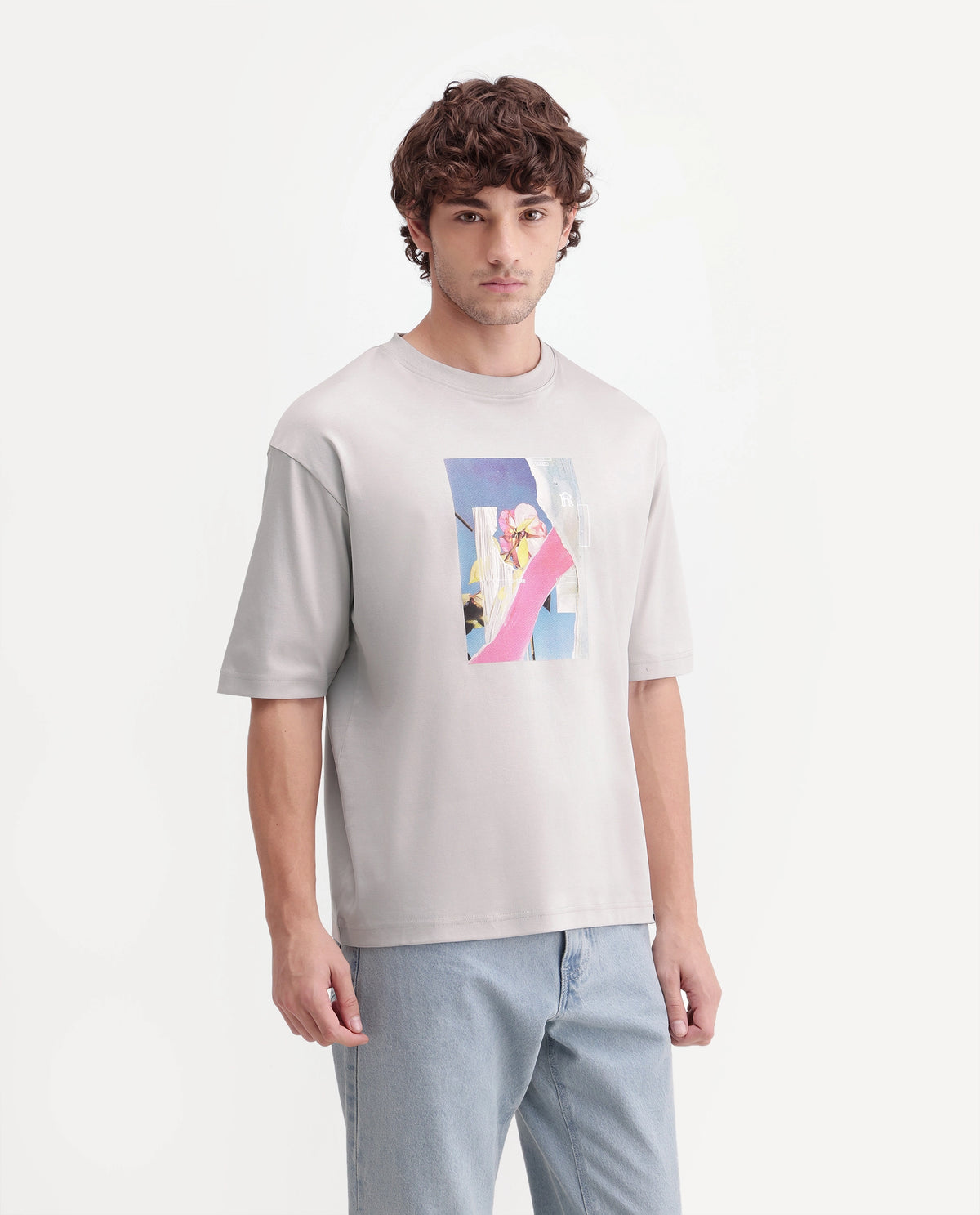 Rare Rabbit Men's Zae Light Grey Cotton Crew Neck Relaxed Graphic Print T-Shirt