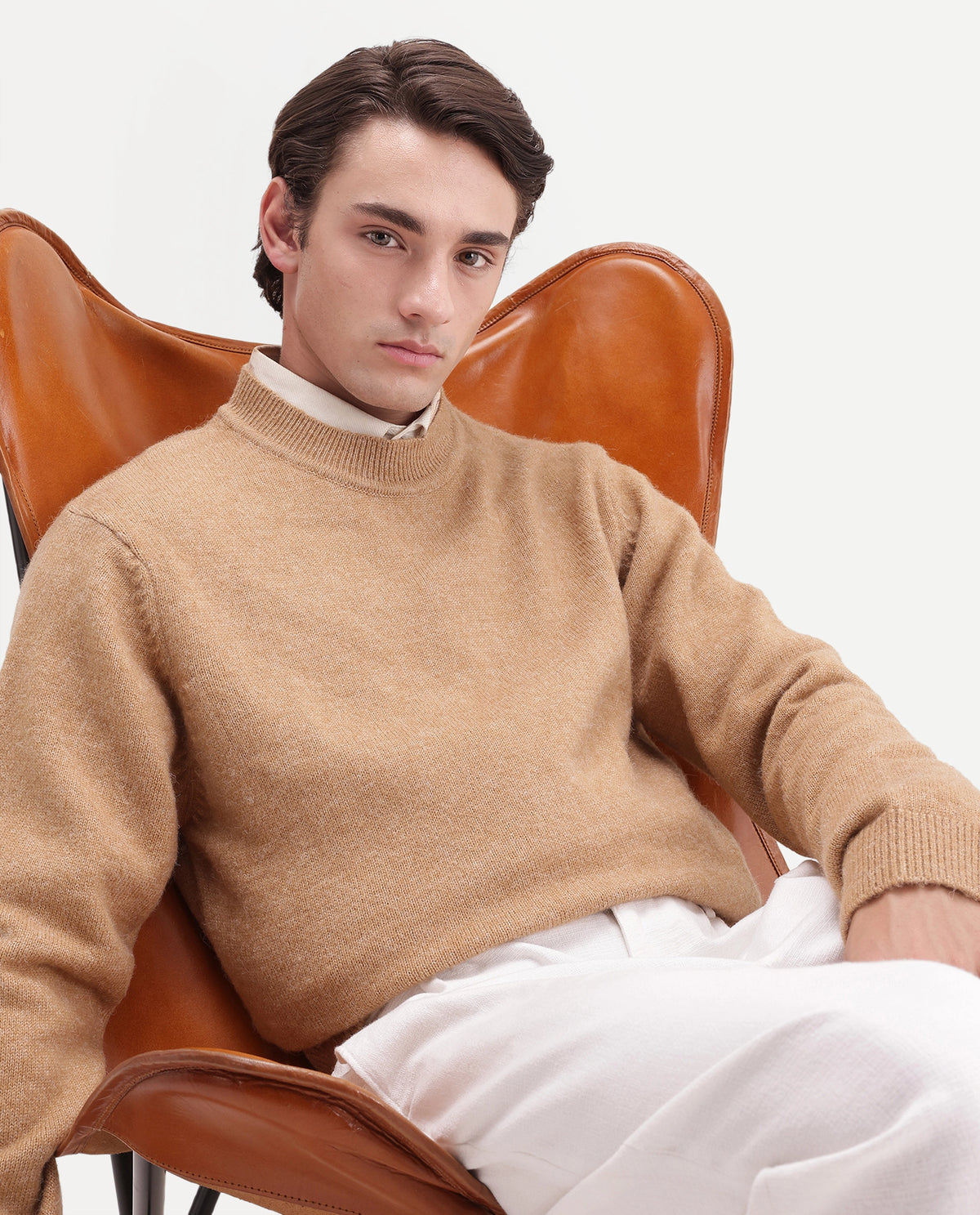 Rare Rabbit Men's Manny-E Dusky Yellow Acrylic Blend Crew Neck Regular Plain Sweater