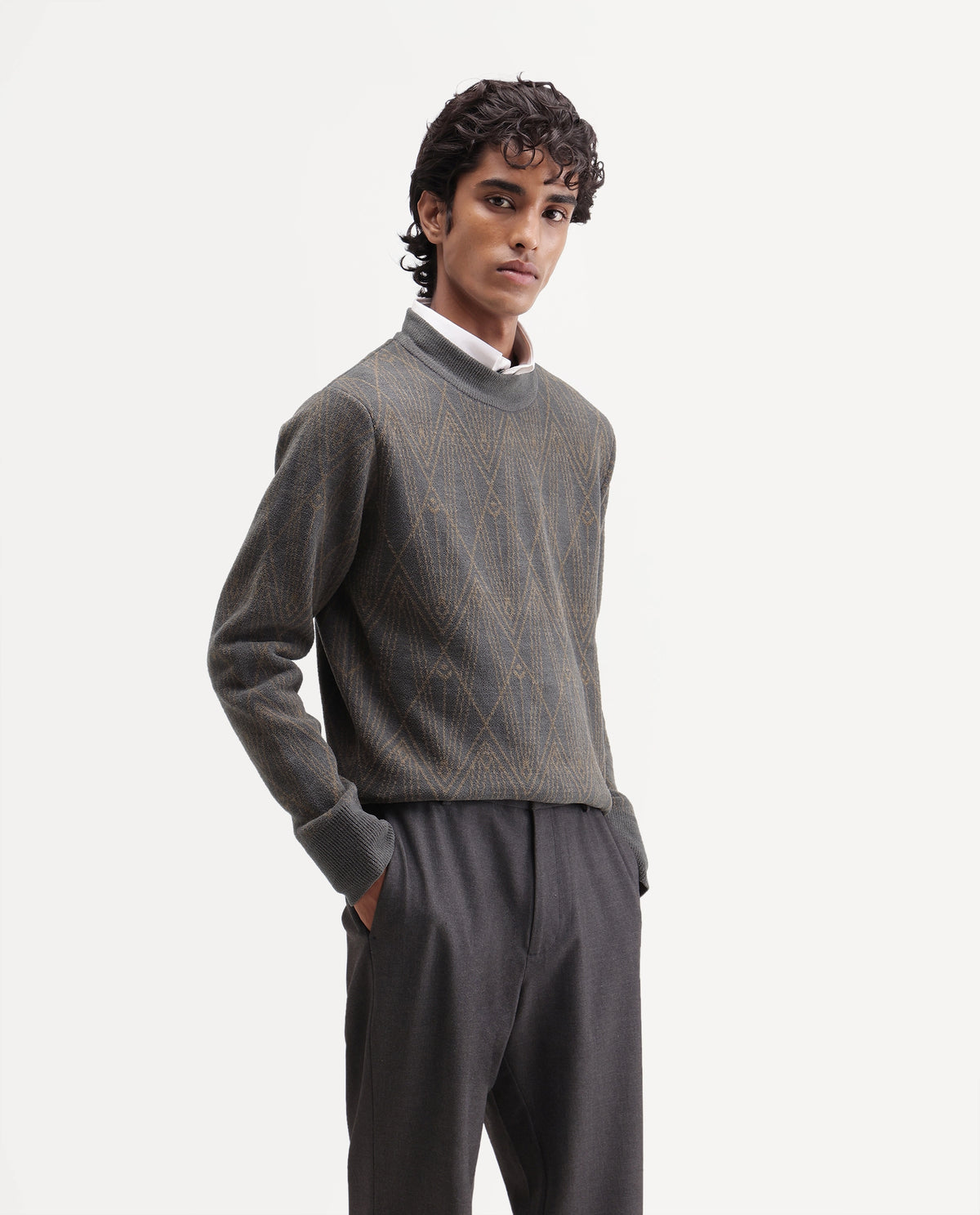 Rare Rabbit Men's Deigo-E Dusky Grey Polyester Cotton Blend Crew Neck Regular Fit Jacquard Sweater - image 6