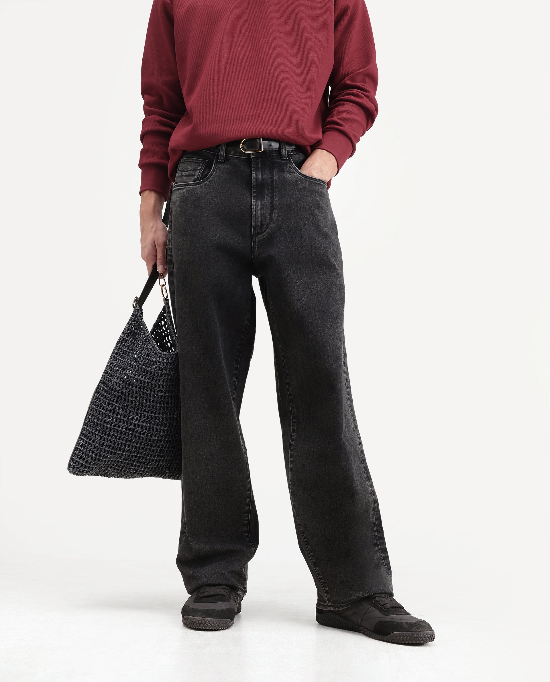 Rare Rabbit Men's Prep Dark Grey Cotton Blend Relaxed Plain Jeans
