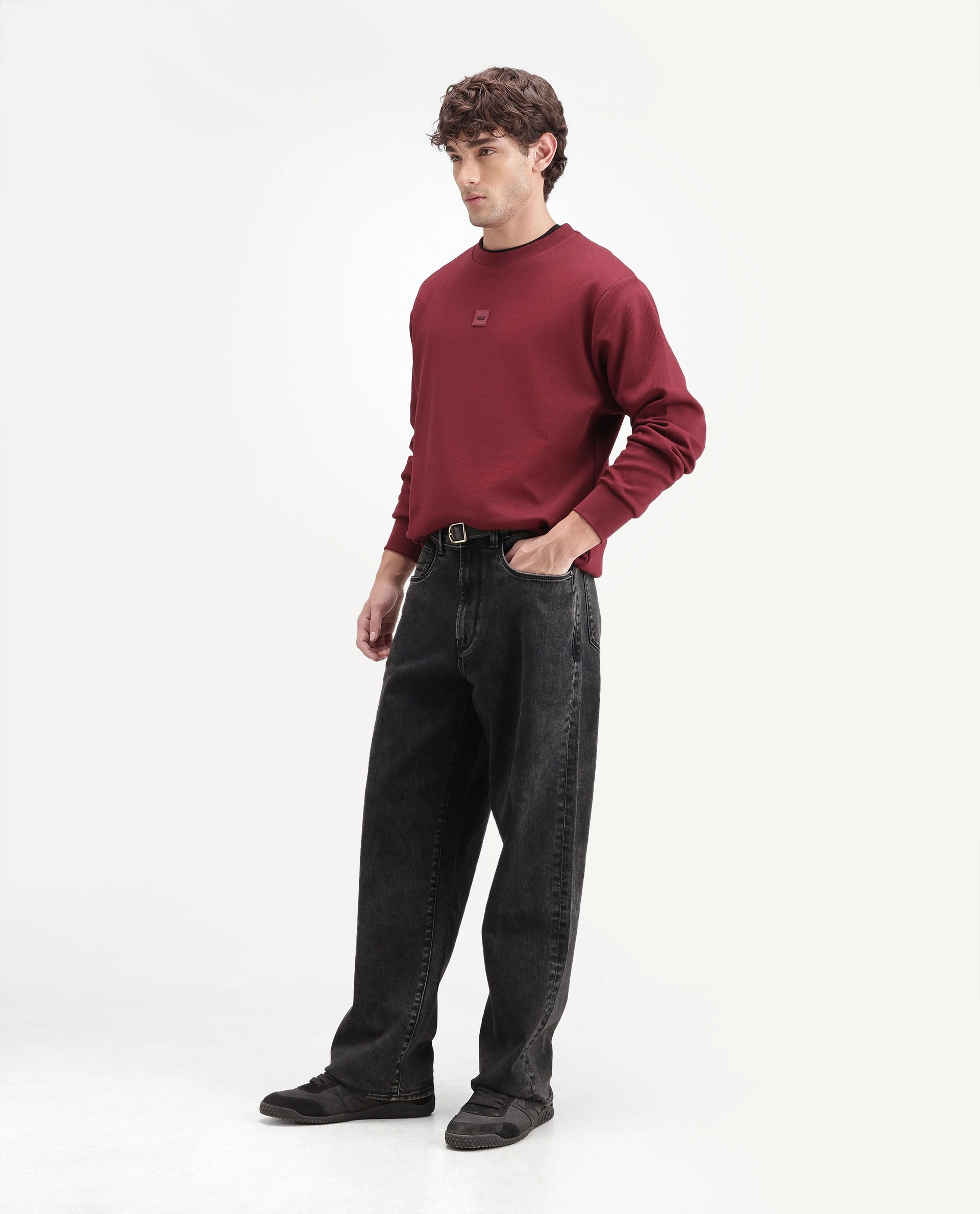 Rare Rabbit Men's Prep Dark Grey Cotton Blend Relaxed Plain Jeans