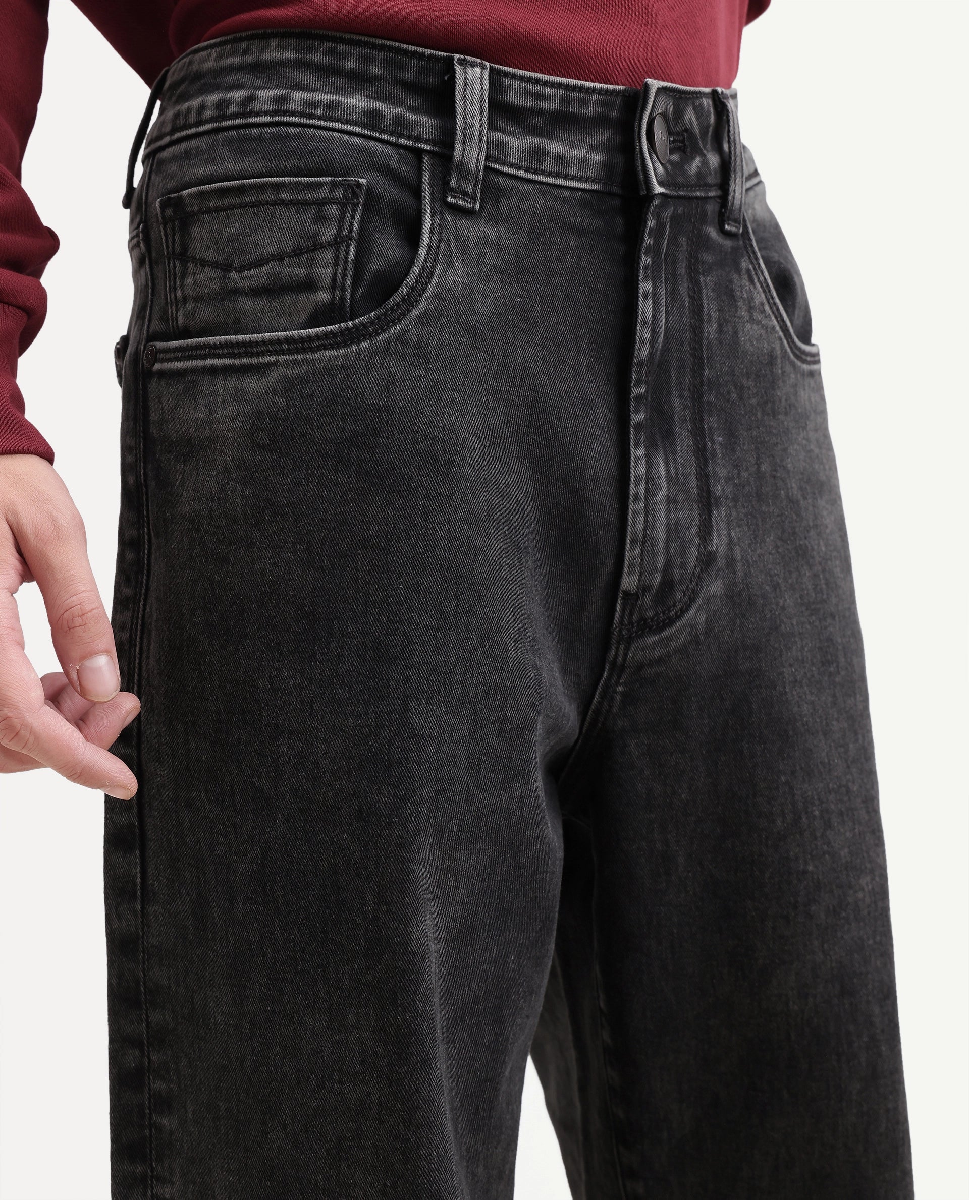 Rare Rabbit Men's Prep Dark Grey Cotton Blend Relaxed Plain Jeans