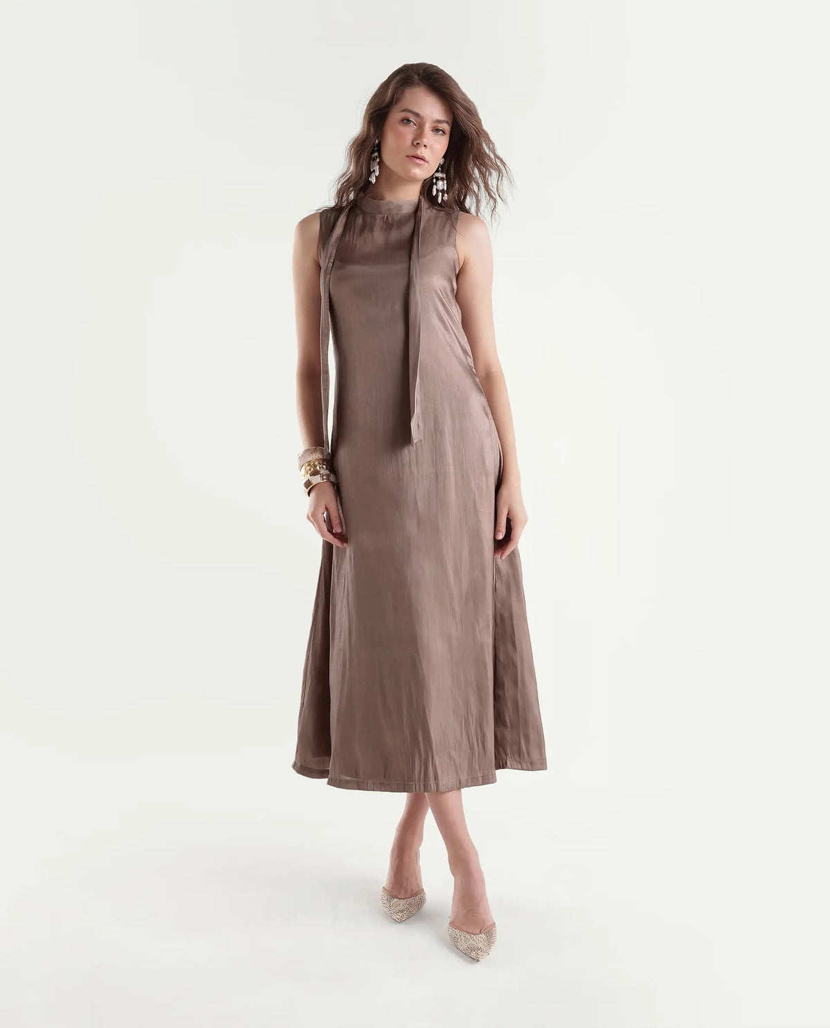 Rareism Women's Xalo Dusky Tan Polyester High Neck A-Line Plain Dress