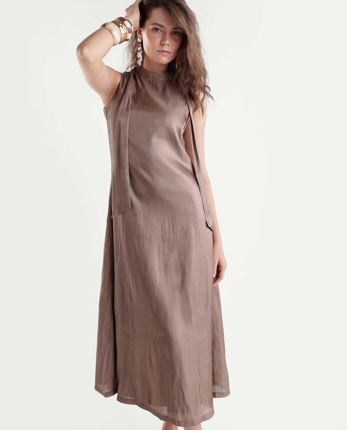 Rareism Women's Xalo Dusky Tan Polyester High Neck A-Line Plain Dress