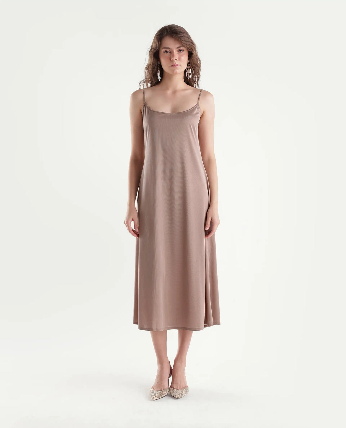 Rareism Women's Xalo Dusky Tan Polyester High Neck A-Line Plain Dress